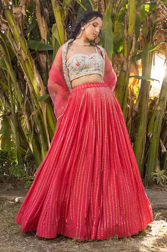 Coral Georgette And Net Lehenga Set