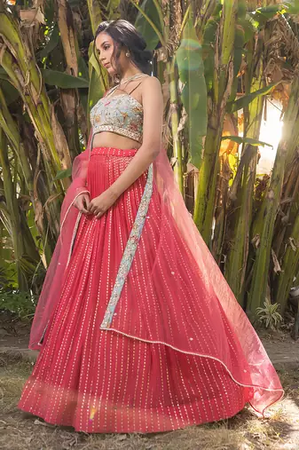 Coral Georgette And Net Lehenga Set
