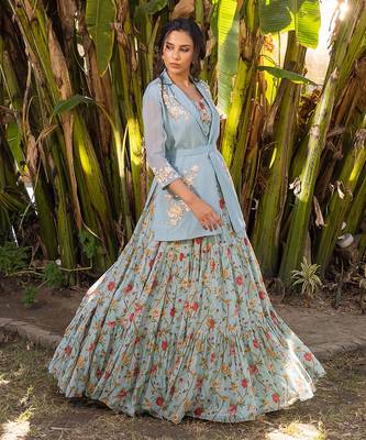 Light Blue Georgette Lehenga & Jacket Set 3