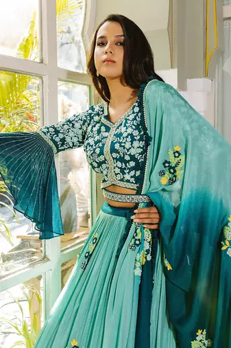 Sea Green Georgette Crepe Lehenga Set