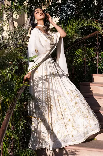 Off White Georgette Crepe Bridal Lehenga Set