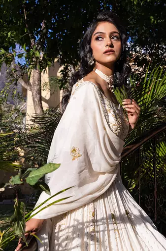 Off White Georgette Crepe Bridal Lehenga Set