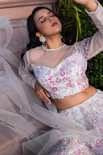 Off White Net Bridal Lehenga Set