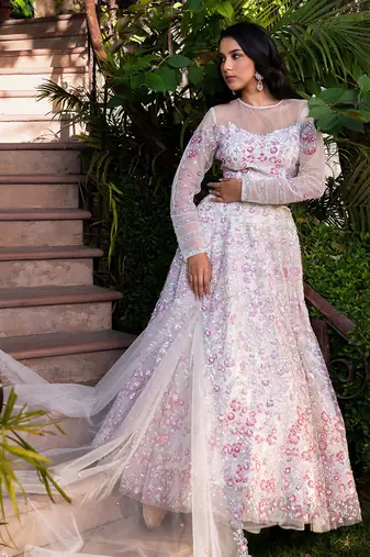 Off White Net Bridal Lehenga Set
