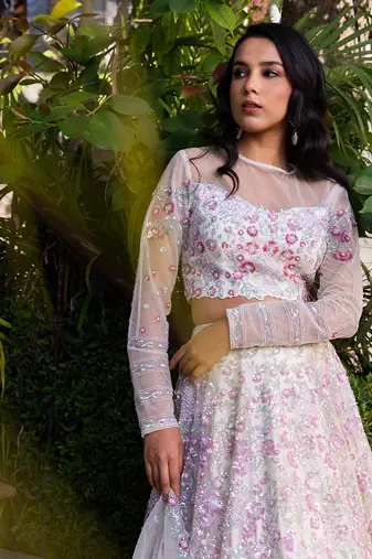 Off White Net Bridal Lehenga Set