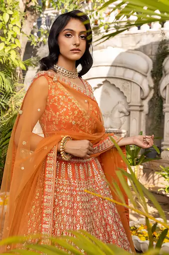 Orange Raw Silk Bridal Lehenga Set