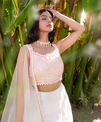 Off White Georgette And Net Lehenga Set 6