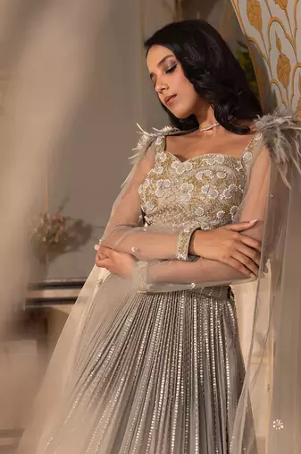 Grey Georgette And Net Bridal Lehenga Set