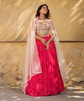 Coral Georgette Crepe Lehenga Set 2