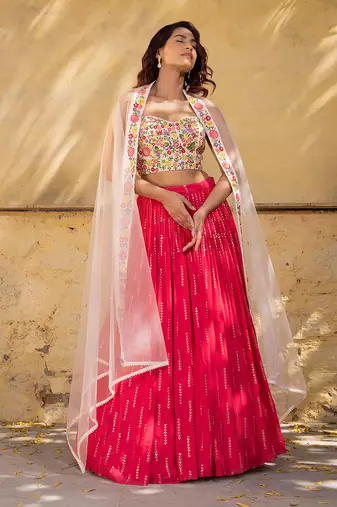 Coral Georgette Crepe Lehenga Set