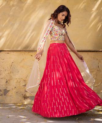 Coral Georgette Crepe Lehenga Set 3