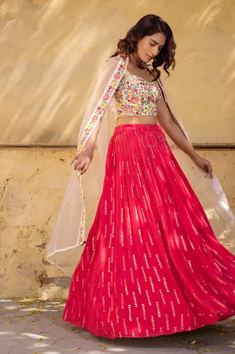 Coral Georgette Crepe Lehenga Set