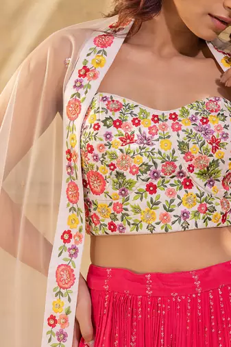 Coral Georgette Crepe Lehenga Set