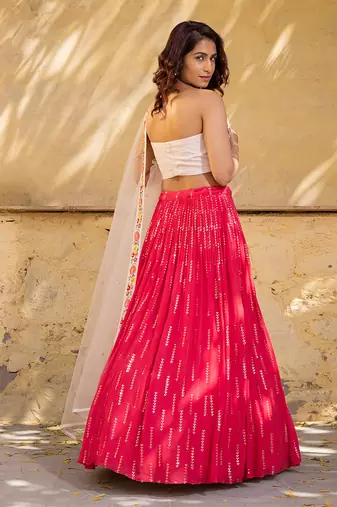 Coral Georgette Crepe Lehenga Set