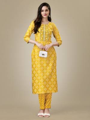 Yellow Embroidered Rayon Kurti Salwar Set 1