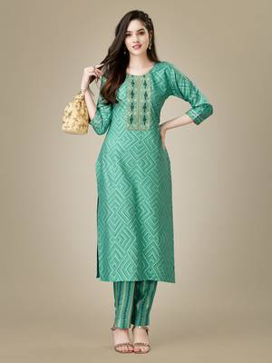 Green Embroidered Rayon Kurti Salwar Set 1