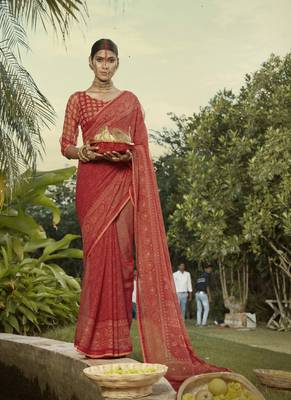 Red woven georgette saree with blouse 4