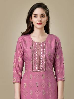 Lavender Rayon Kurta Salwar Set with Golden Sequin Embroidered 4