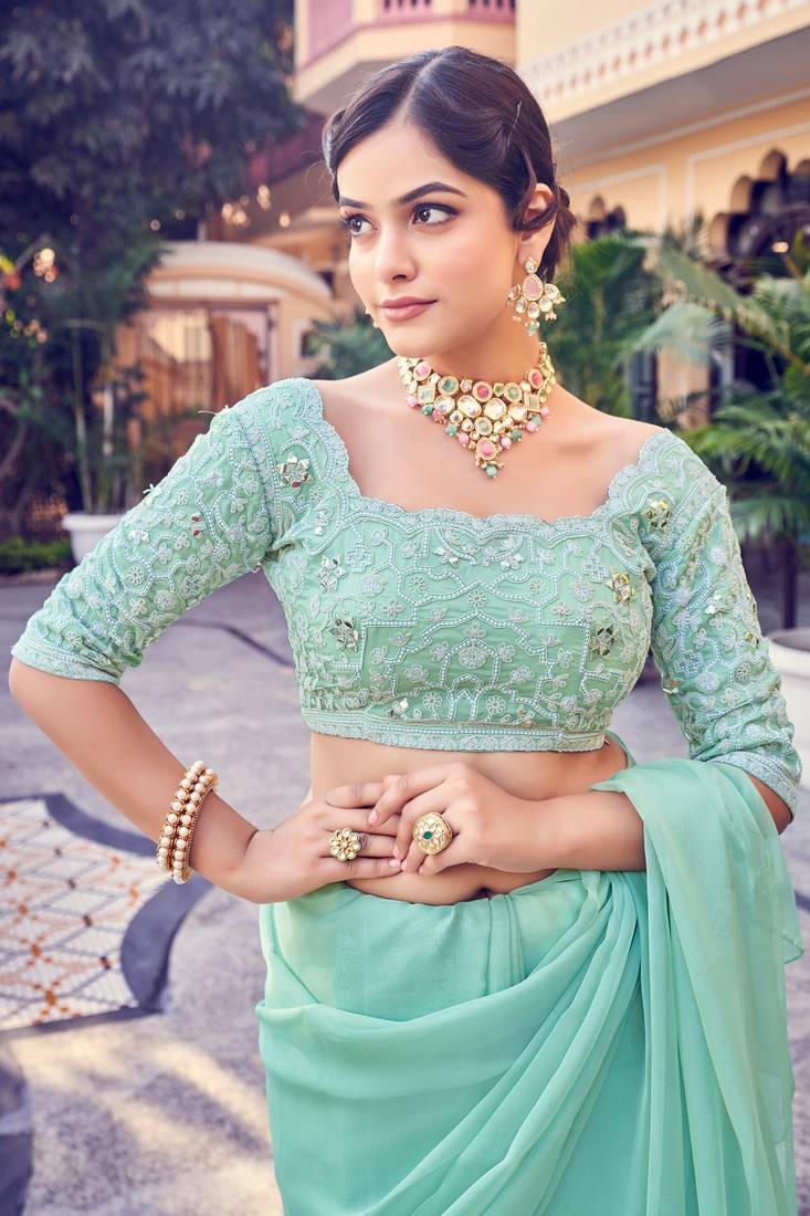 Women's Organza Sea Green Embellished Designer Saree With Blouse Piece