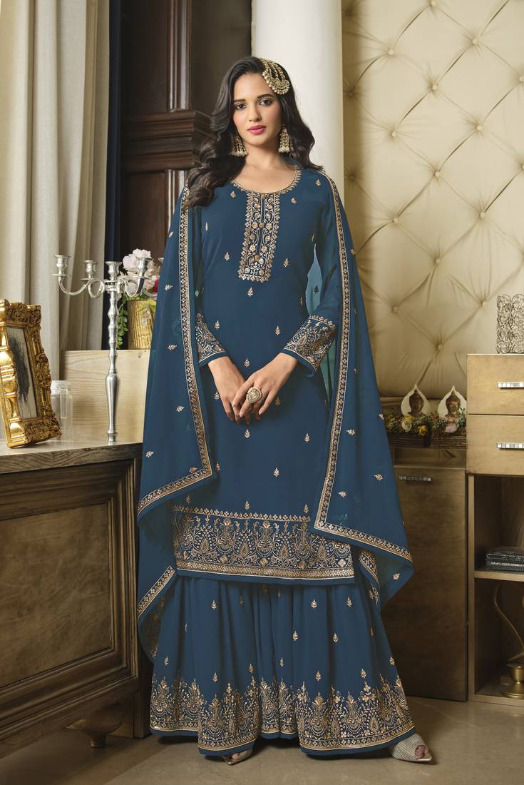 Aqua Blue Colour Heavy Embroidery Work Sharara Dress For Eid