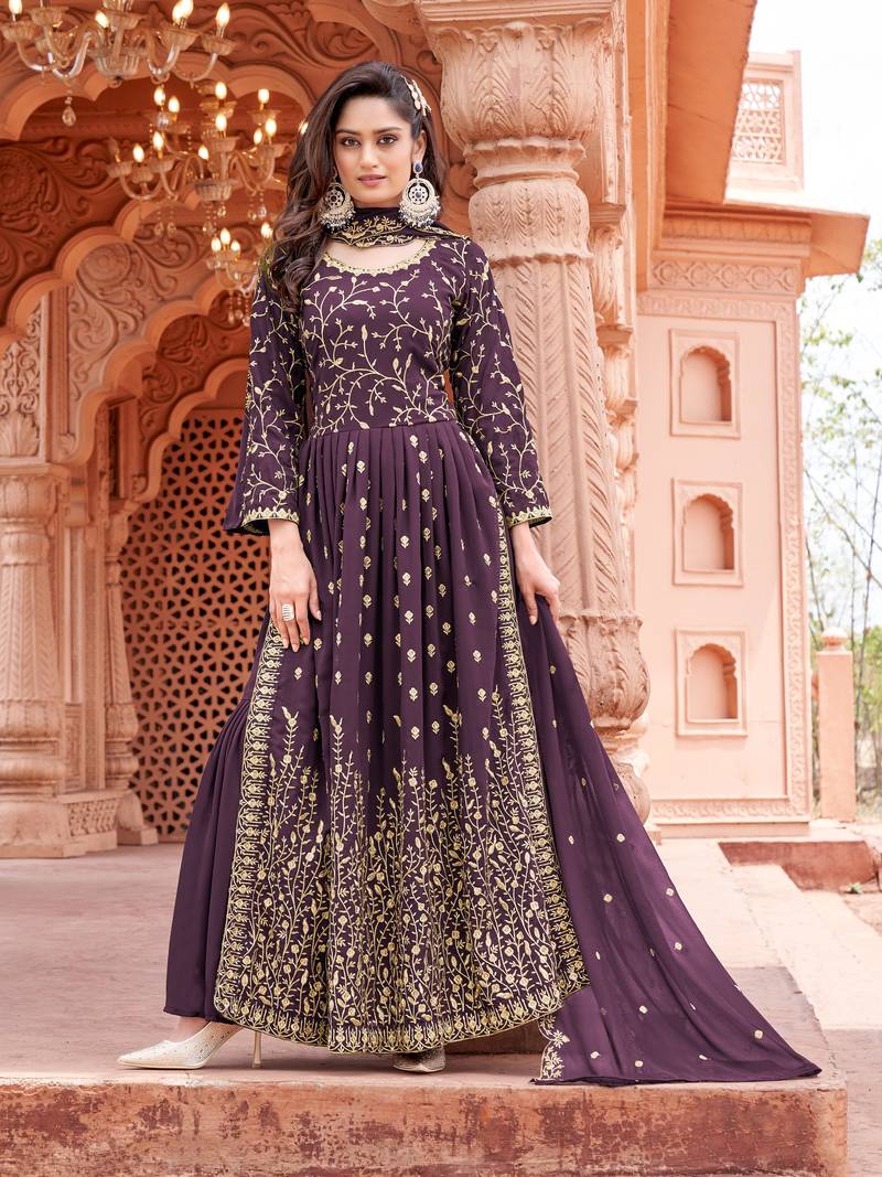 Wine Colour Designer Embroidery Work Pattern Sharara Suit For Wedding