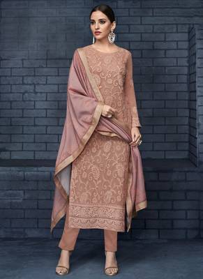 Fawn Embroidered Georgette Straight Suit Free size full stitched Up To 42" Size 1