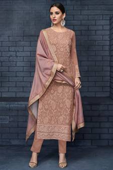 Fawn Embroidered Georgette  Straight Suit Free size full stitched Up To 42" Size