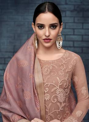 Fawn Embroidered Georgette Straight Suit Free size full stitched Up To 42" Size 2