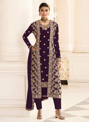 Wine Embroidered Georgette Semi-Stitched Straight Suit Up To 42" Size 1