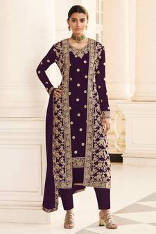 Wine Embroidered Georgette Semi-Stitched Straight Suit Up To 42" Size