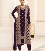 Wine Embroidered Georgette Semi-Stitched Straight Suit Up To 42" Size
