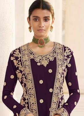 Wine Embroidered Georgette Semi-Stitched Straight Suit Up To 42" Size 2