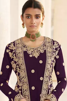 Wine Embroidered Georgette Semi-Stitched Straight Suit Up To 42" Size