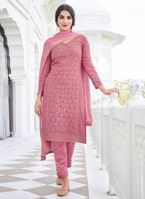 Pink Embroidered Georgette Semi-Stitched Straight Suit Up To 42" Size 1