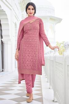 Pink Embroidered Georgette Semi-Stitched Straight Suit Up To 42" Size