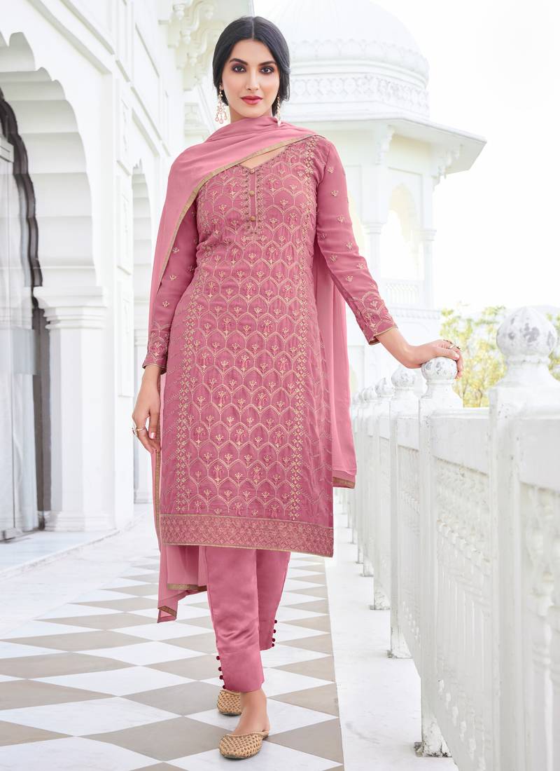 Pink Embroidered Georgette Semi-Stitched Straight Suit Up To 42" Size