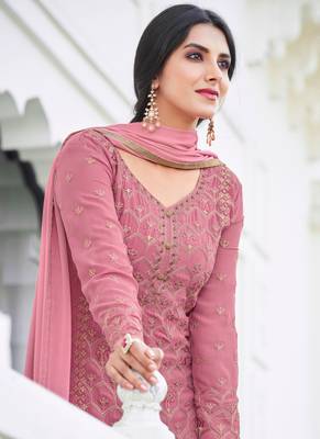 Pink Embroidered Georgette Semi-Stitched Straight Suit Up To 42" Size 2