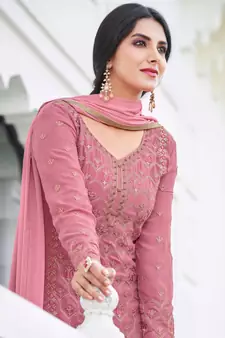 Pink Embroidered Georgette Semi-Stitched Straight Suit Up To 42" Size