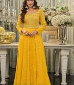 Yellow Embroidered Georgette  Anarkali Suit. (Size Upto 42) Free size full stitched Up To 42" Size