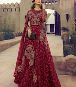 Maroon Net Golden Embroidered Semi Stitched Anarkali Suit