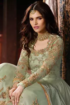 Green Embroidered Net Semi-Stitched Anarkali Suit Up To 42" Size