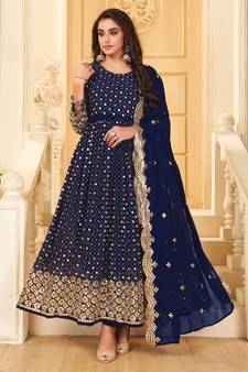 Blue Embroidered Georgette  Anarkali Suit Free size full stitched Up To 42" Size
