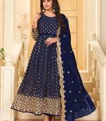 Blue Embroidered Georgette  Anarkali Suit Free size full stitched Up To 42" Size