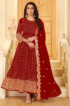 Red Embroidered Georgette  Anarkali Suit Free size full stitched Up To 42" Size