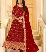 Red Embroidered Georgette  Anarkali Suit Free size full stitched Up To 42" Size