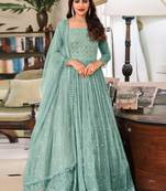 Blue Embroidered Georgette Anarkali Suit Free size full stitched Up To 42" Size