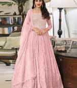 Baby Pink Embroidered Georgette  Anarkali Suit Free size full stitched Up To 42" Size