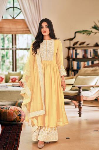 Yellow Embroidered Georgette  Anarkali Suit Free size full stitched Up To 42" Size