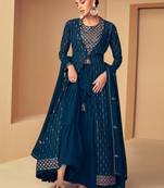 Teal Blue Embroidered Georgette Semi-Stitched Anarkali Suit Up To 42" Size