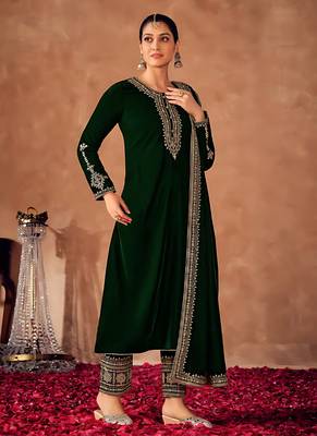 Green Embroidered Velvet Semi-Stitched Straight Suit Up To 42" Size 1